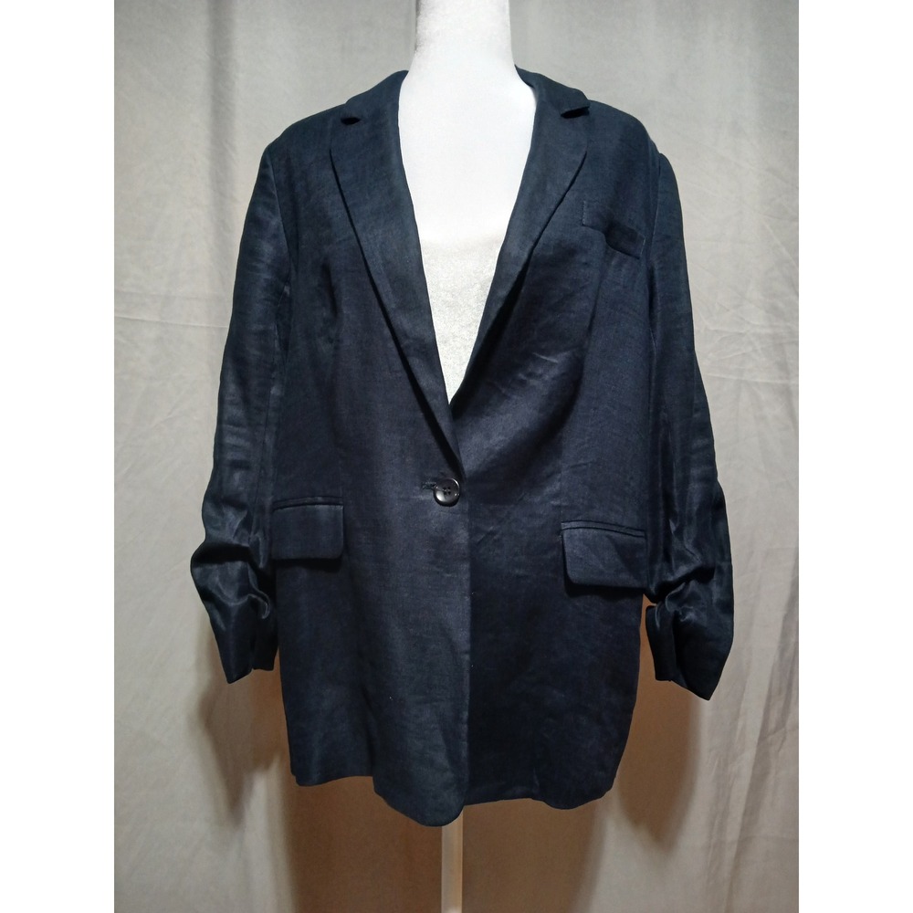 Elie Tahari Navy Blue Linen Ruched Sleeve Single Button Blazer Size 6